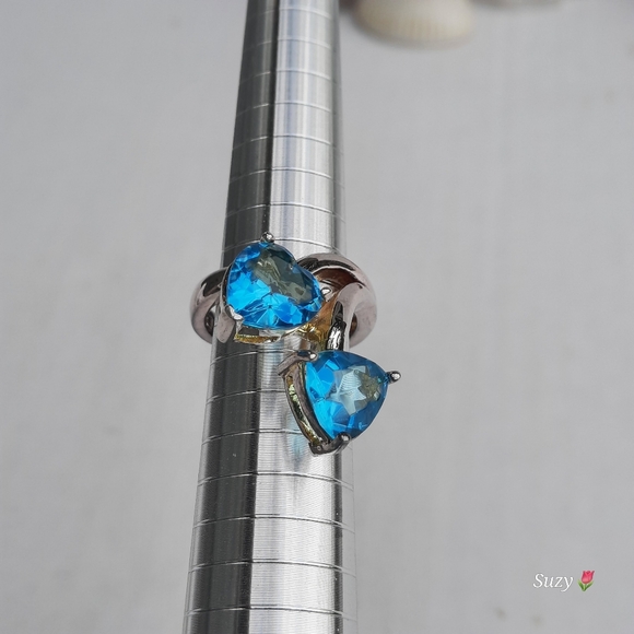 925 Ring 💙💙 2 Hearts Aqua Marine Blue Facetted Stones, Silver - Picture 4 of 7